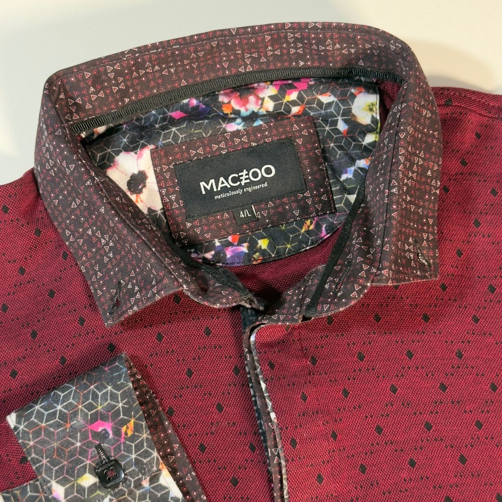 Maceoo Polo Shirt Mens 4/L Burgundy Excellent Diamond Print Long Sleeve